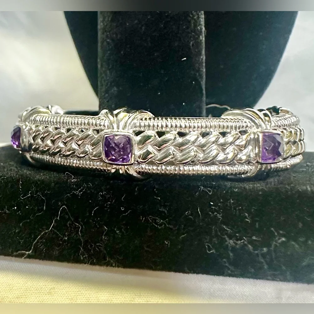 JUDITH RIPKA Sterling Sliver Amethyst Hinged Cuff Bracelet